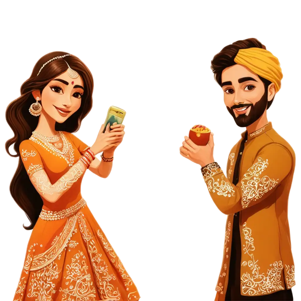 Mehndi-Function-Couple-Cartoon-PNG-Perfect-for-Wedding-Celebrations-and-Cultural-Illustrations