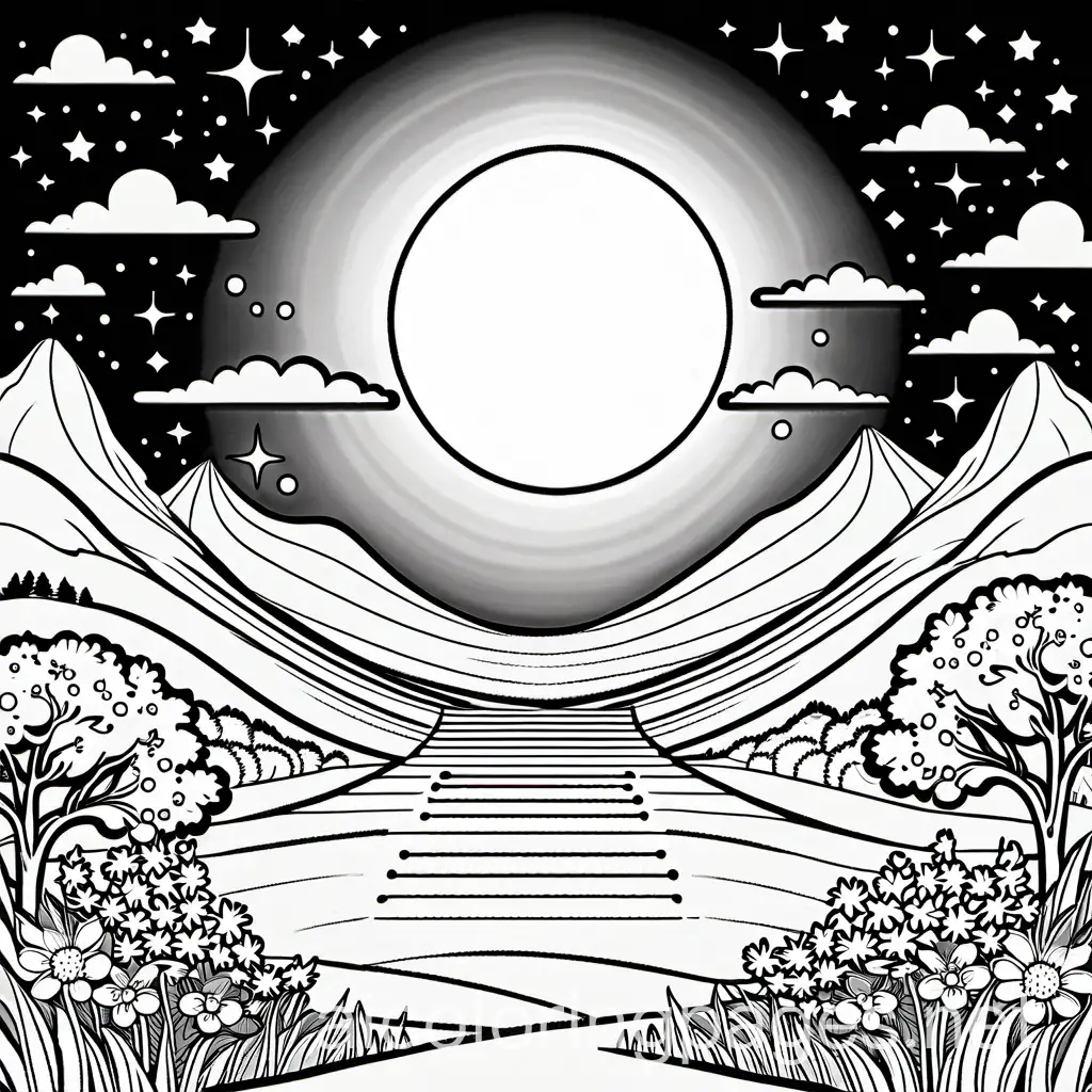 a serene heavenly scene, Coloring Page, black and white, line art, white background, Simplicity, Ample White Space. The background of the coloring page is plain white to make it easy for young children to color within the lines. The outlines of all the subjects are easy to distinguish, making it simple for kids to color without too much difficulty