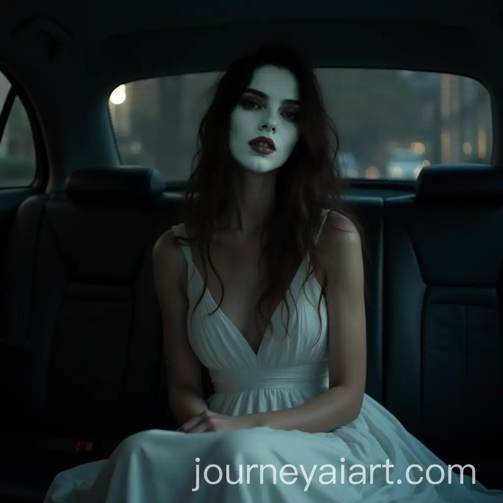 Brunette-Woman-in-White-Dress-with-Ghostly-Face-Sitting-in-Dark-Car