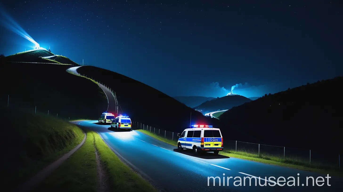 Dark Night Scene with Police Vans on Hillside