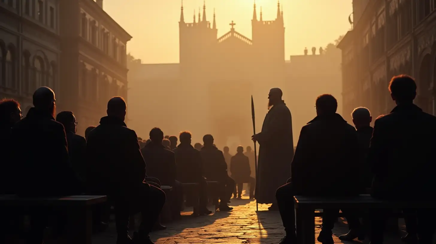 Medieval Men Gathered in City Square Listening to a Public Leader