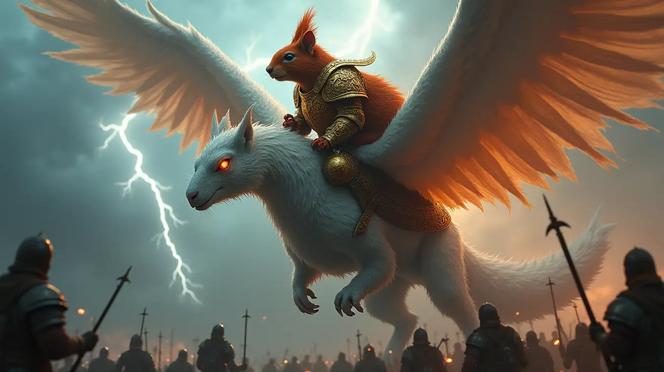 Colossal-Red-Squirrel-in-AngloSaxon-Armor-Riding-a-White-Wyvern-Over-StormRidden-Battlefield