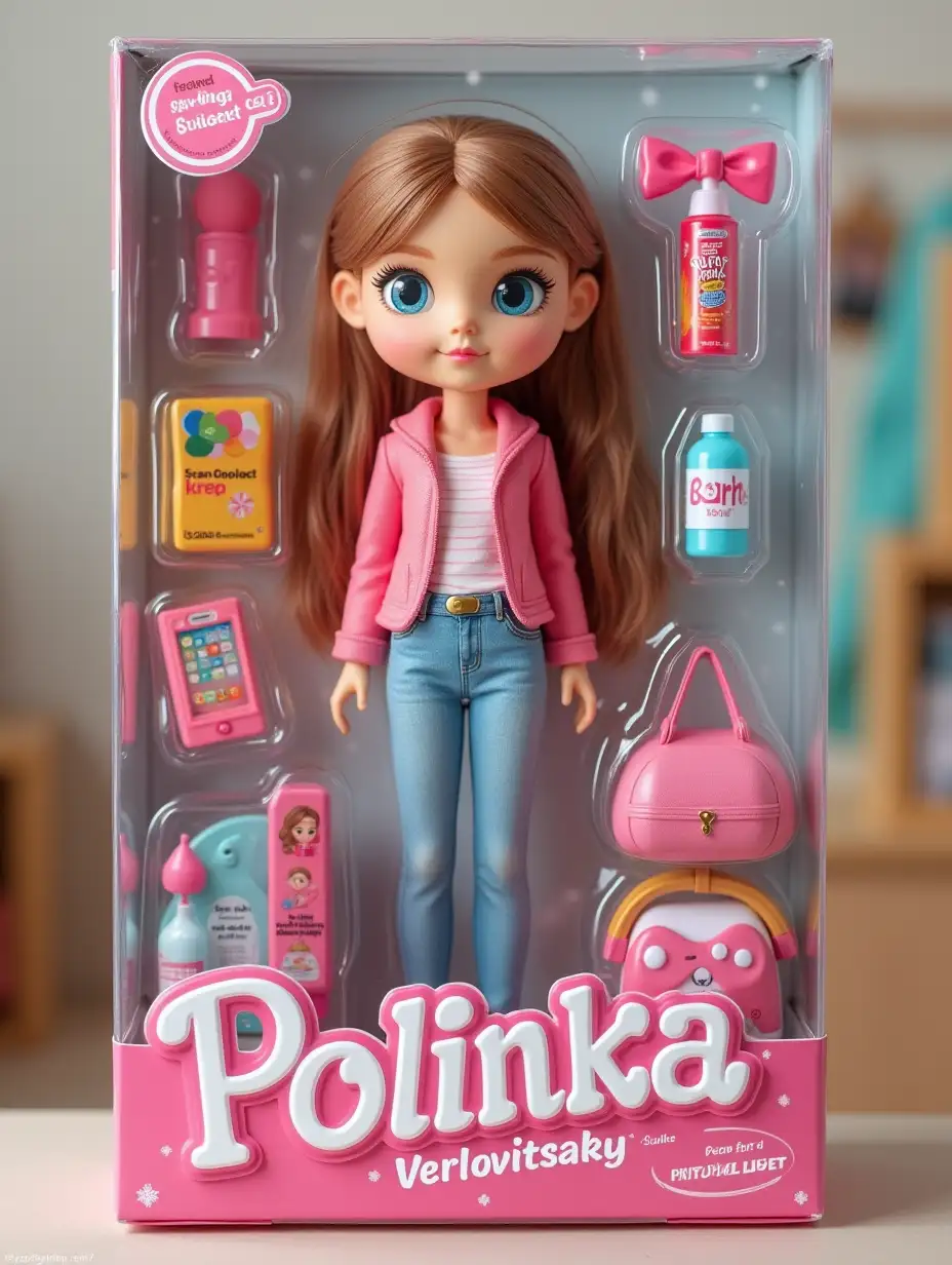 Create a photo-realistic collection figure of a person in a photo. The figure must be full size and fit into a transparent plastic box with a colorful cardboard background, like real collectible toys. Make the packaging as realistic as possible - shiny plastic, compartments for items and a design in the style of a toy store.nnOn the box, write the brand Polinka Verlovitskaya. The packaging atmosphere will be: summer-spring.nnPlace accessories next to the figure: pink bow, Burn Energy, microphone, phone.nnMake the figure in the style of brats.