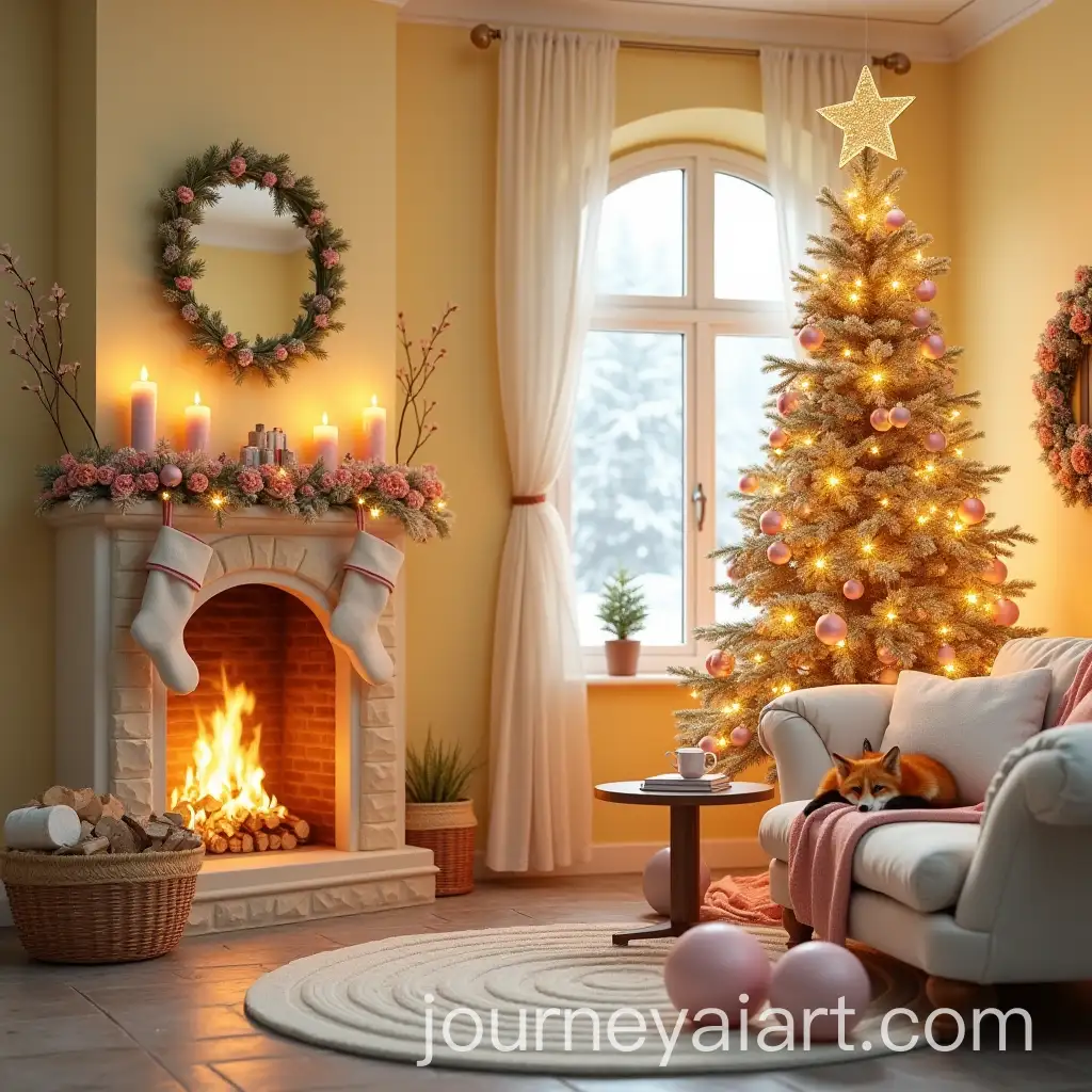 Cozy-Living-Room-with-Red-Fox-Fireplace-and-Christmas-Tree-Decor