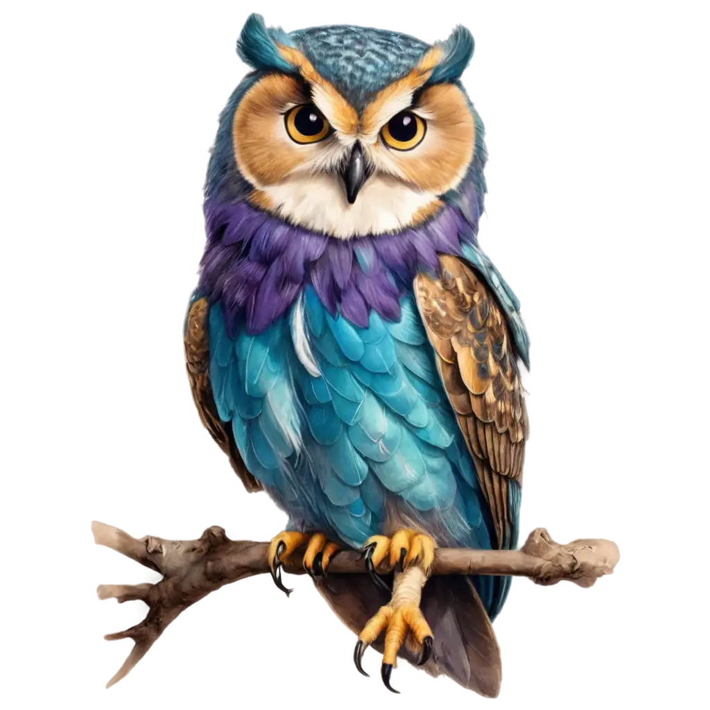 Happy-and-Mysterious-Owl-PNG-Image-in-Blue-Petroleum-with-Gold-and-Purple-Feathers