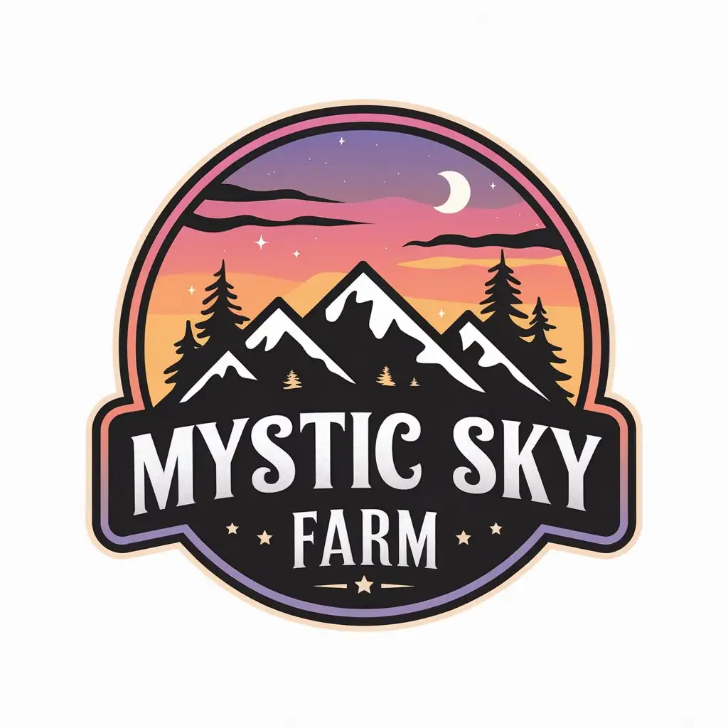 LOGO Design for Mystic Sky Farm Small Mountains Spruce Trees and Evening Sky with Moon and Stars