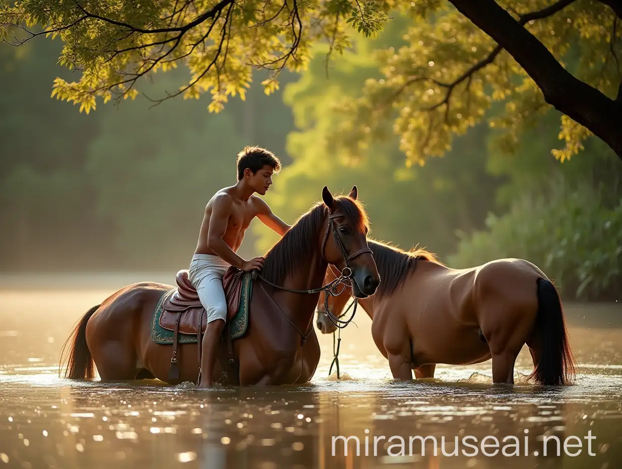 Roma Boy Connecting with Horses in a Tranquil Lake