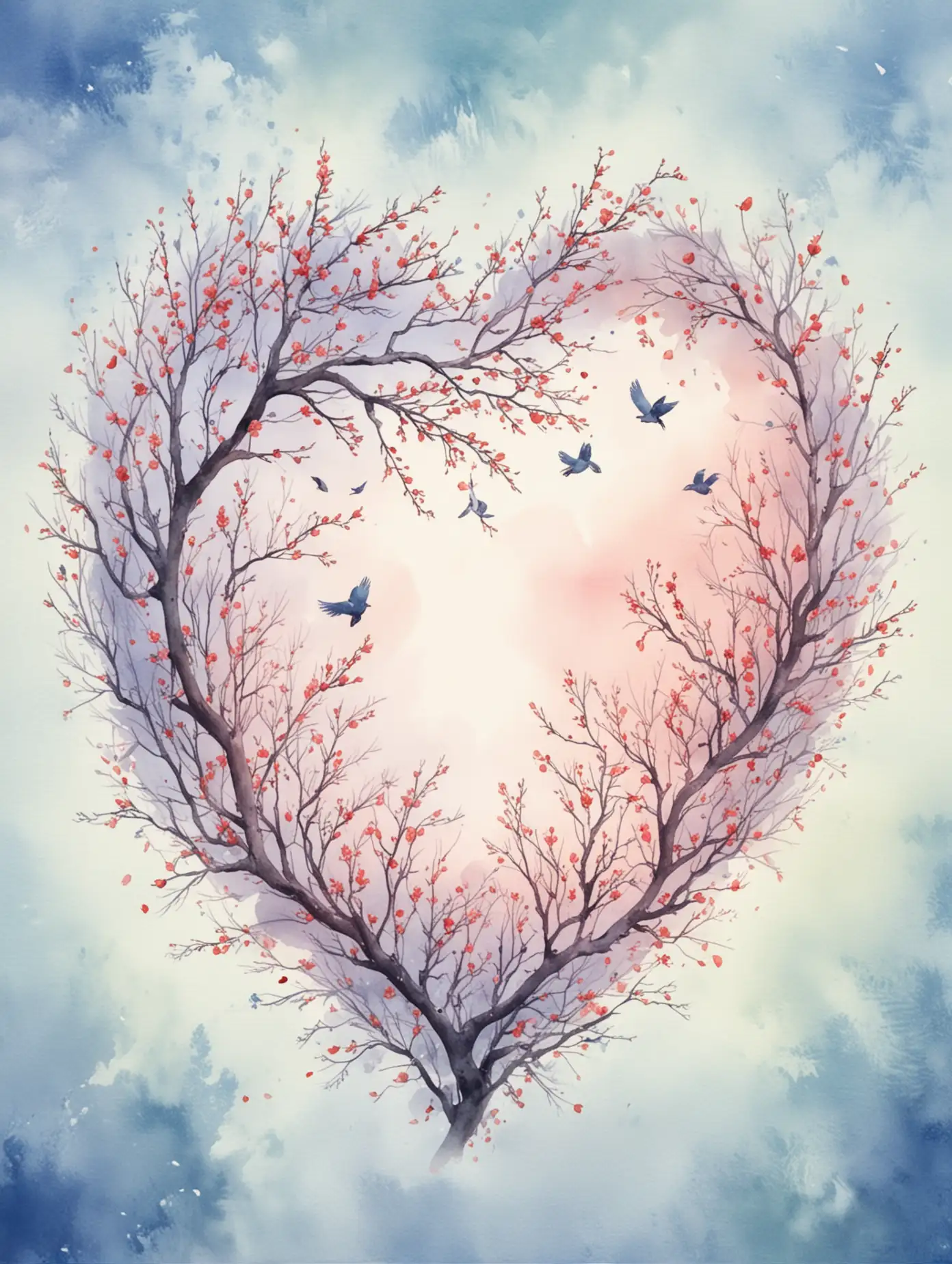 Spring-HeartShaped-Branches-with-Fluttering-Birds-under-Aquarelle-Sky-Haze