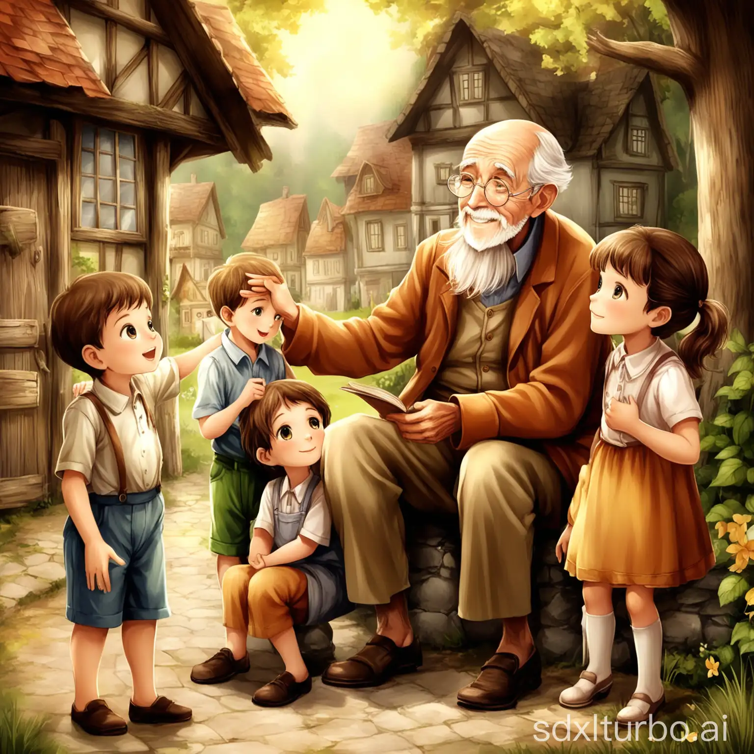 Once upon a time there was a small town, where an affable old grandfather lived, everyone called him 'Grandpa wisdom.' Grandpa wisdom always likes to help people and loves telling stories to the children, sharing his wisdom...... This story tells us that by bravely taking the first step and communicating sincerely with others, you can gain beautiful friendships and happy moments.