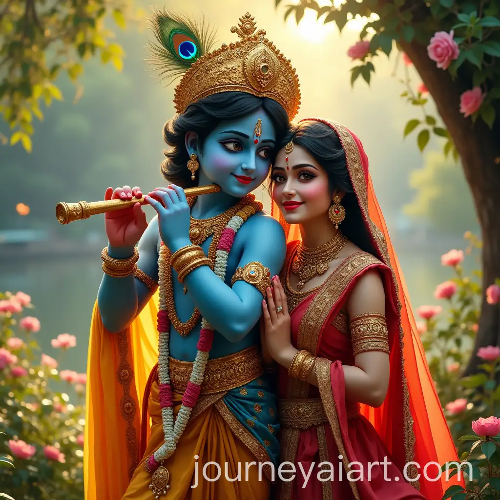 Lord-Krishna-and-Radha-in-Vrindavan-Surrounded-by-Lush-Greenery-and-Flowers