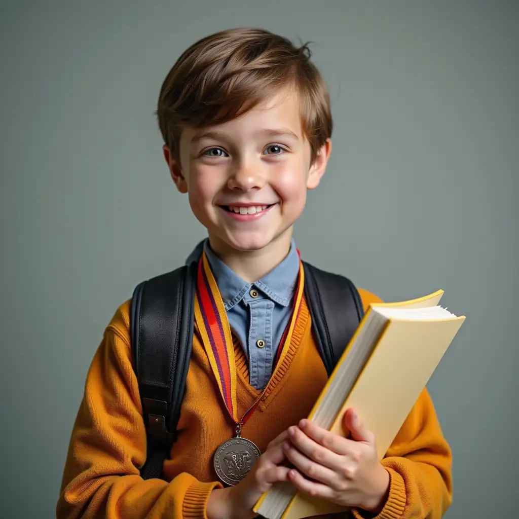 a happy boy who has textbooks in his hand and also wore a medal around his neck