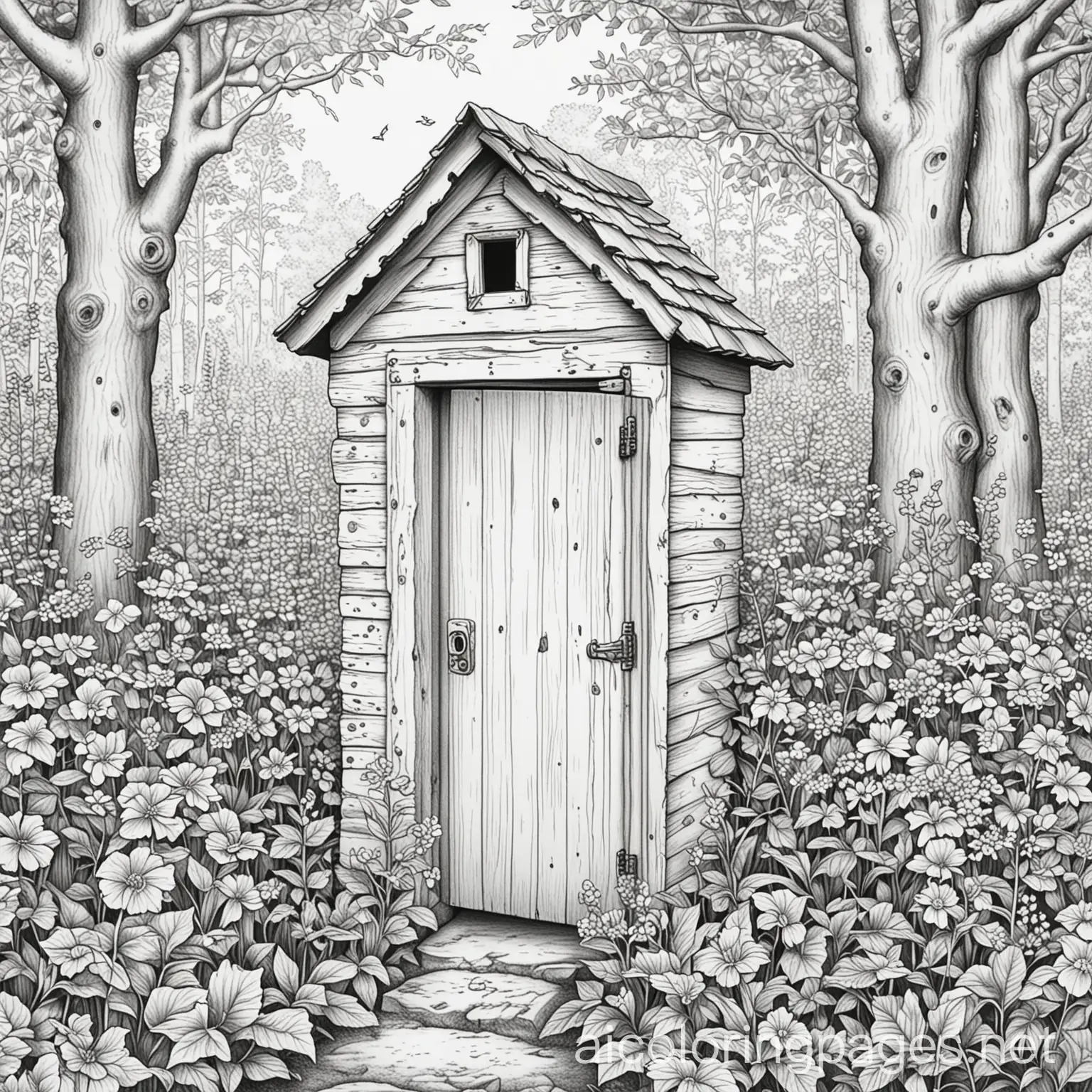 Rustic-Outhouse-Surrounded-by-Wildflowers-and-Vines-Coloring-Page