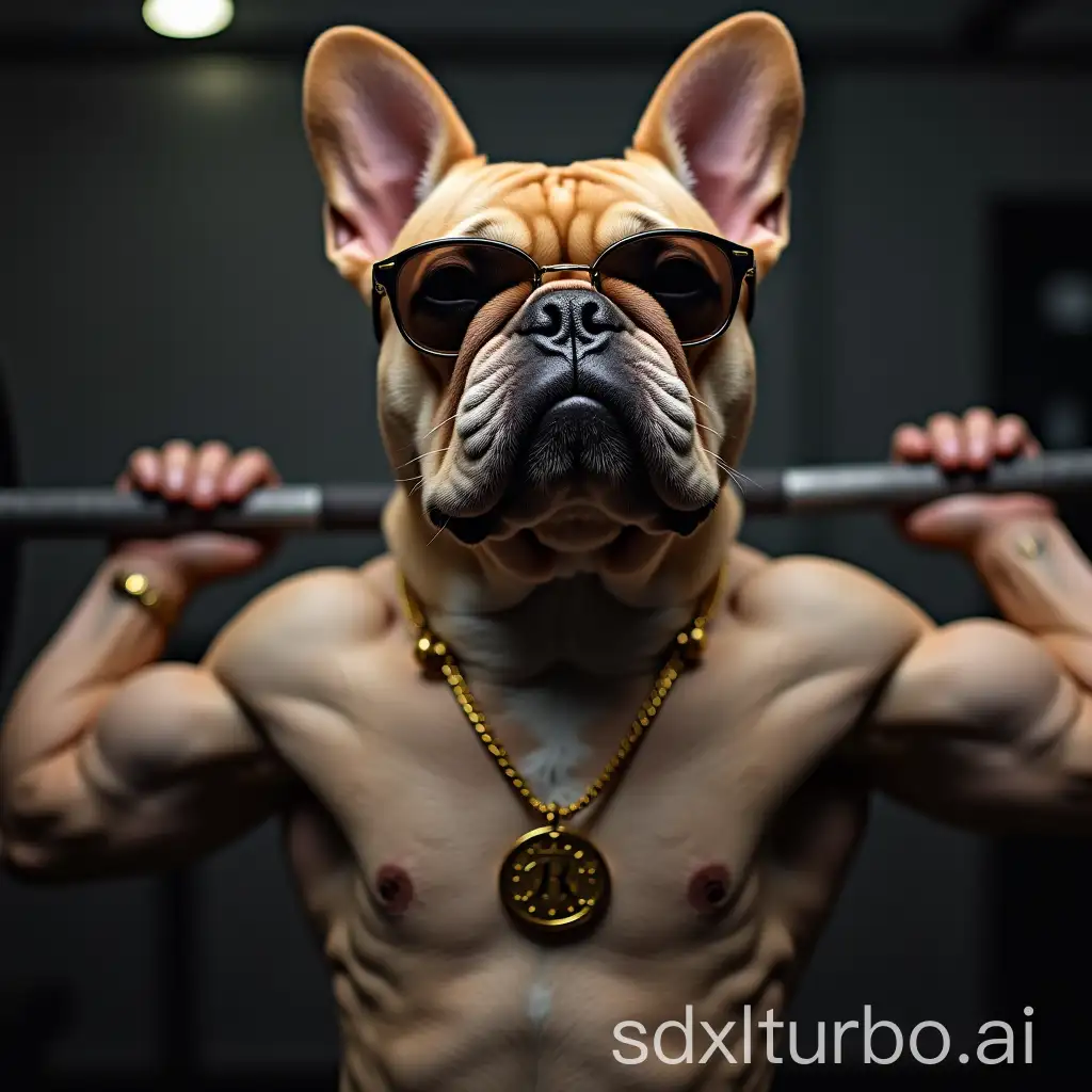 french bulldog face human body wearing huddy, sunglass and gold chain resumbling hip hop styl doing deadlift with tripy background