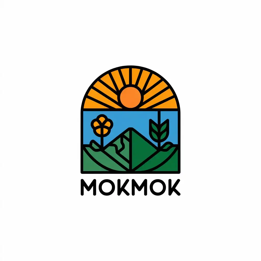 a vector logo design,with the text "mokmok", main symbol:sun,moutain,flower,Moderate,clear background