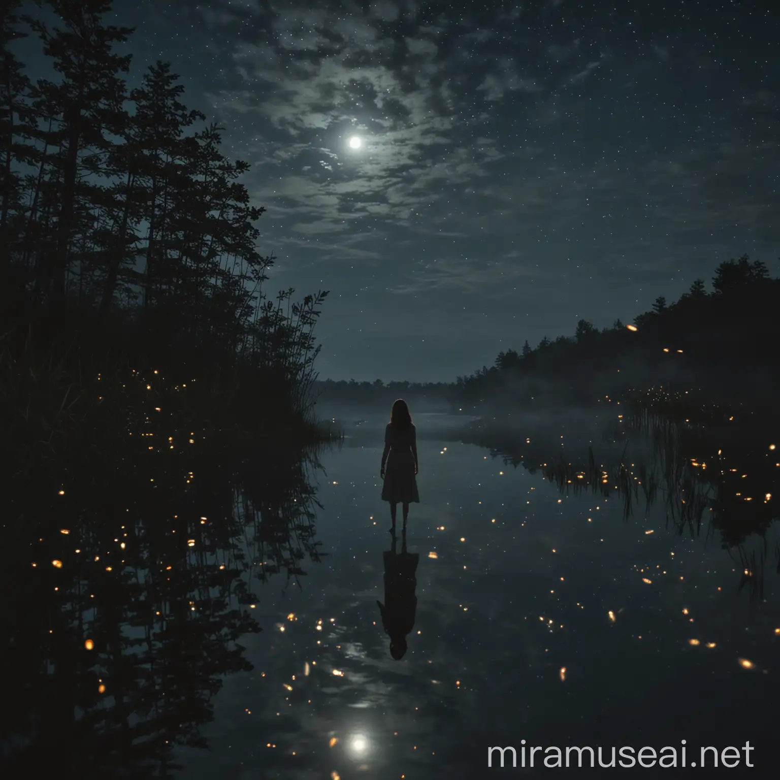 Woman Standing at Lake Edge Under Moonlight with Hovering Fireflies