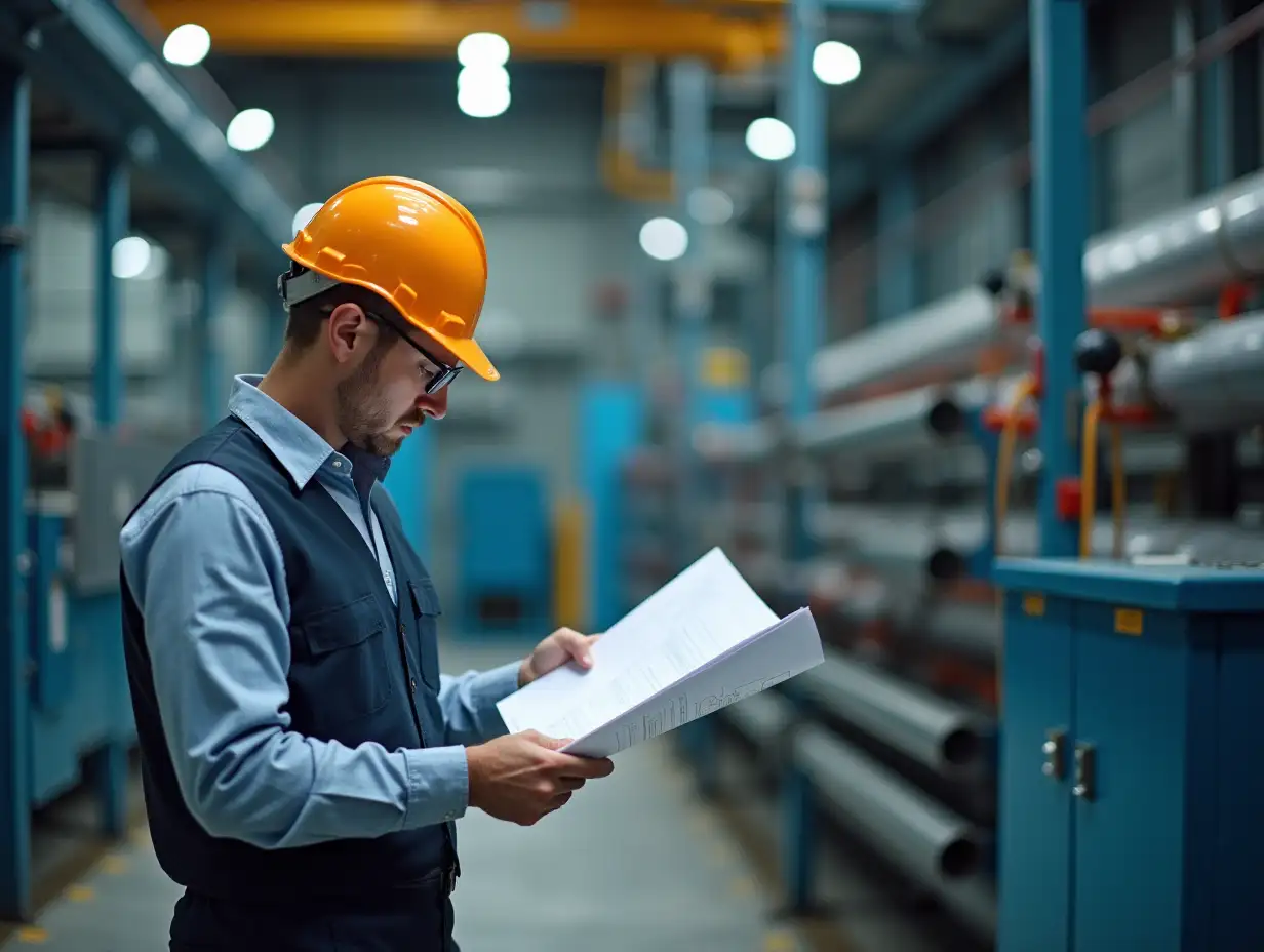 Electrical engineer holding blueprints at power plant