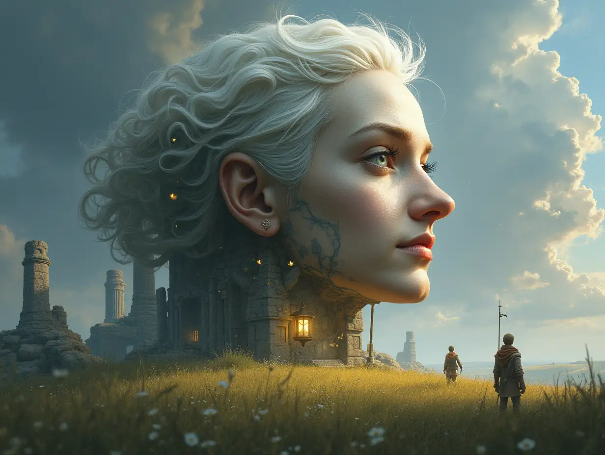 Creating a digital painting of a face with white hair transforming into a building with armor stone and illuminated trees with legs and lantern and people on a meadow at midday