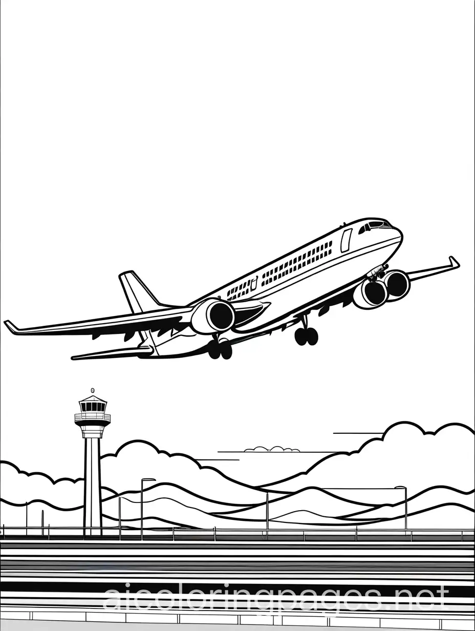 plane flying over an airport, Coloring Page, black and white, line art, white background, Simplicity, Ample White Space