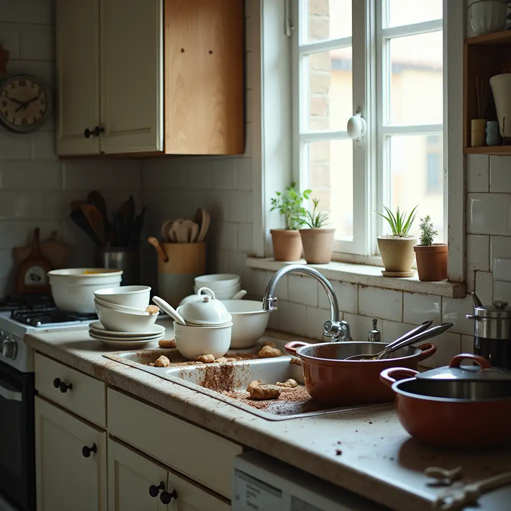 Messy Kitchen with Overflowing Dishes and Pots