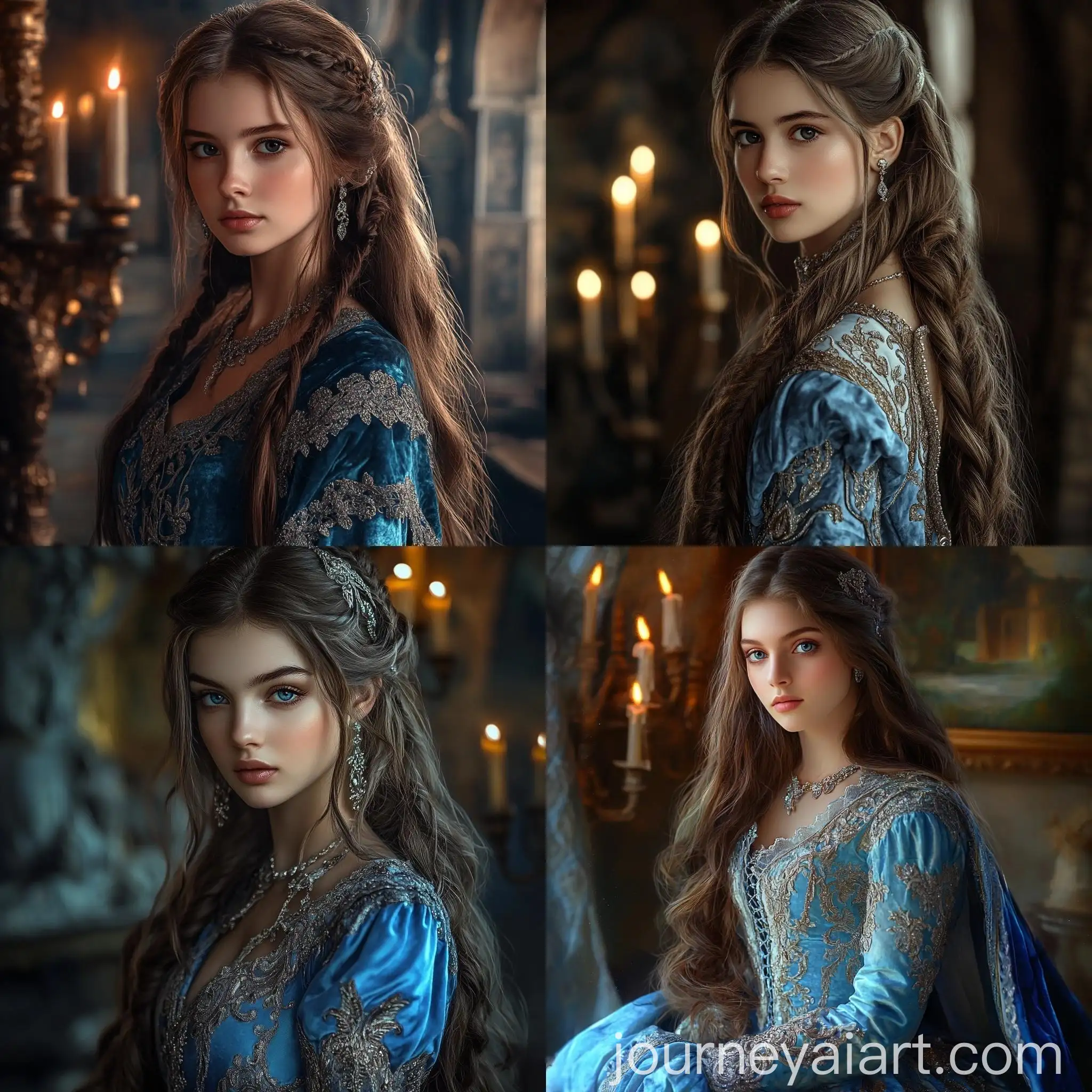 Medieval-Princess-in-Sky-Blue-Velvet-Dress-at-Candlelit-Castle