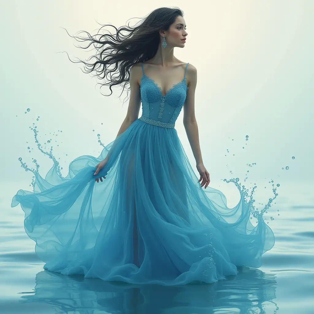 Abstract artwork showing a beautiful woman covered in water in the form of a dress.