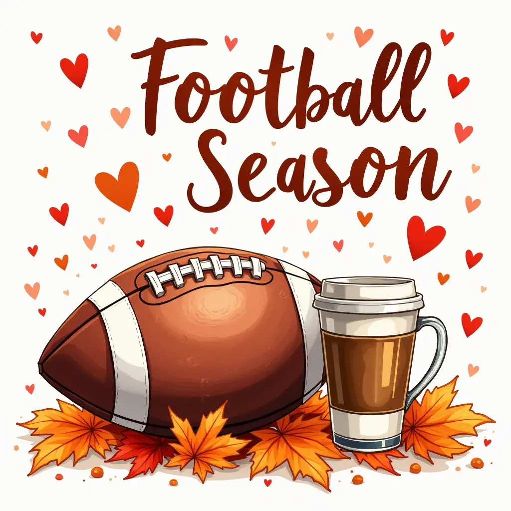 vector, Watercolor, 64k. A vibrant, football-themed scene with a playful and energetic atmosphere. A brown and white football rests on a bed of autumn leaves, surrounded by hearts and a leopard print pattern. A coffee cup and a football helmet complete the scene. The overall style is detailed and colorful, with a focus on the excitement and anticipation of football season. featuring the word 'Football Season' in bold, right.