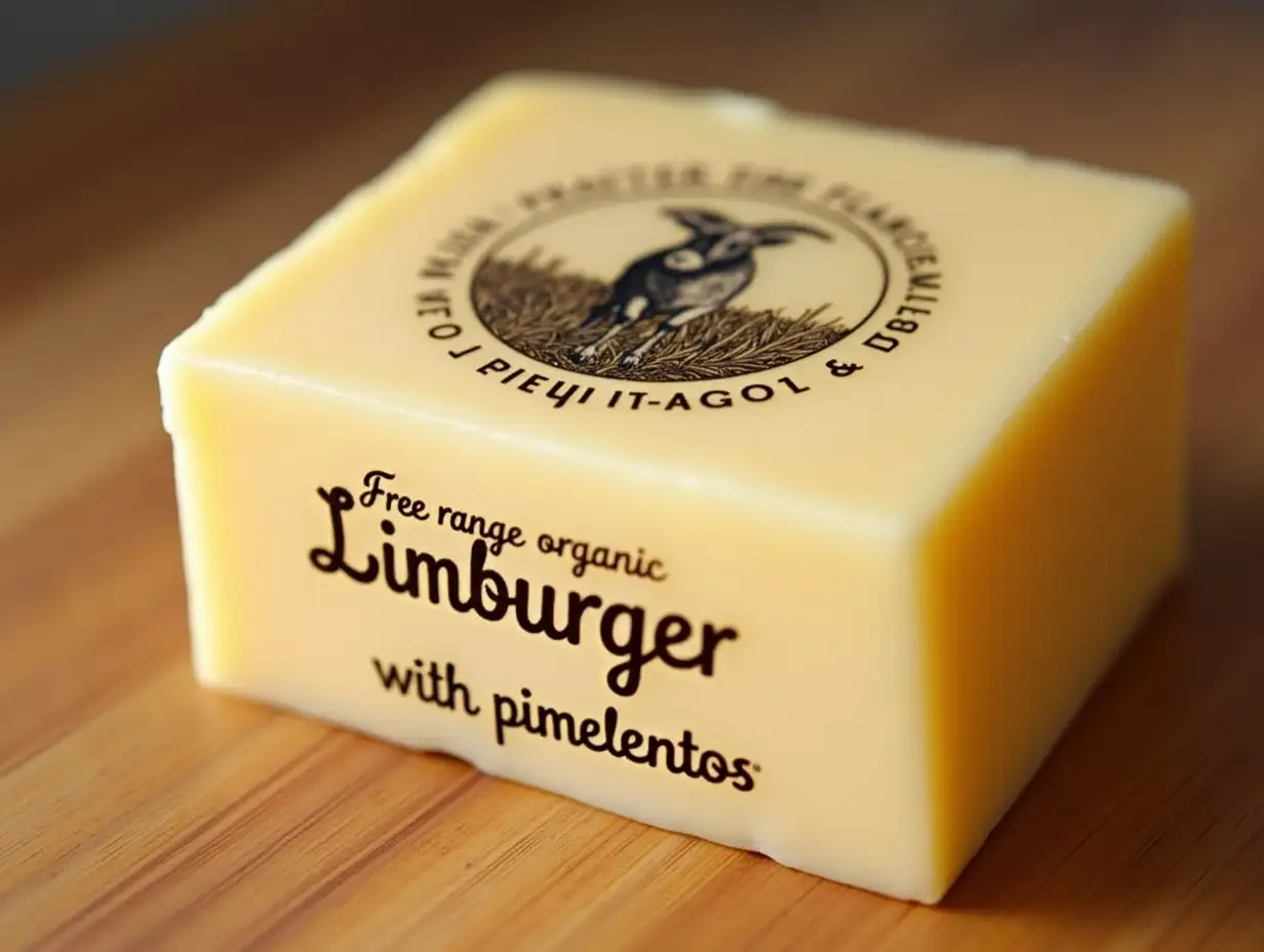 Block-of-Cheese-with-Goat-Picture-and-Free-Range-Organic-Limburger-with-Pimientos-Label