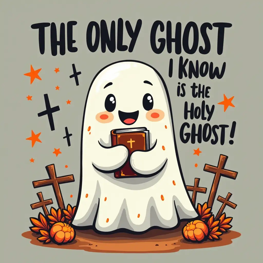 vector. Create a Halloween-themed graphic featuring a friendly ghost holding a Bible and surrounded by crosses. The ghost should have a playful expression and be adorned with stars and autumn leaves. The text 'THE ONLY GHOST I KNOW IS THE HOLY GHOST' should be prominently displayed in bold, contrasting fonts, with a playful, handwritten style. The overall style should be lighthearted and fun, with a touch of religious humor.