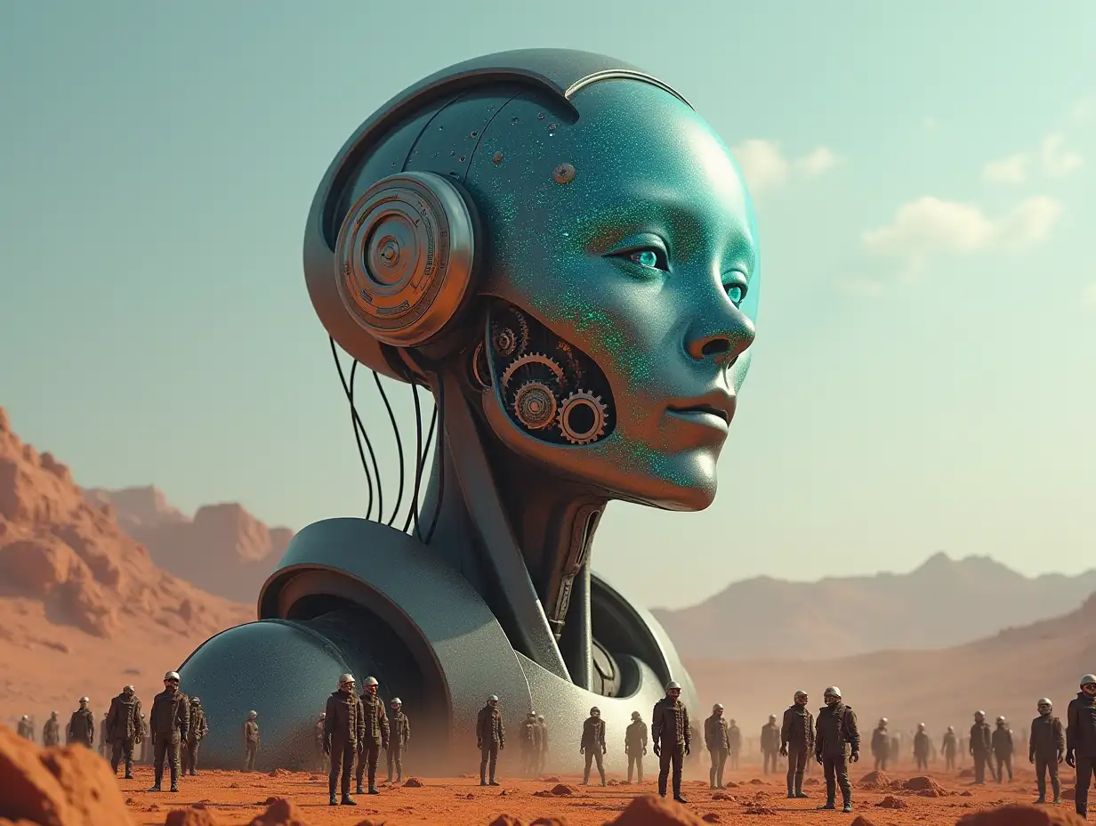 Create a high-resolution, realistic image of artificial intelligence Robert, 20 meters tall, with aliens, gears on the cheeks and glass head with visible glowing sapphire brain, screws with many people with helmets and breathing masks on the ground, Mars 4k resolution.