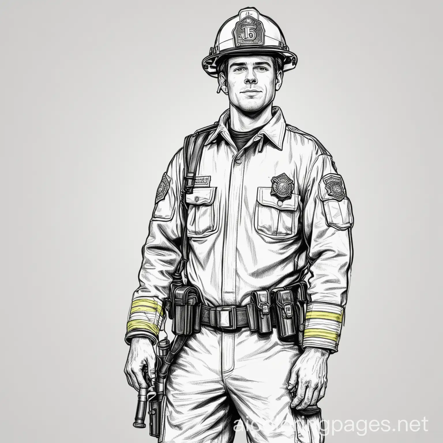 Firefighter, Police Officer, EMT, Coloring Page, black and white, line art, white background, Simplicity, Ample White Space