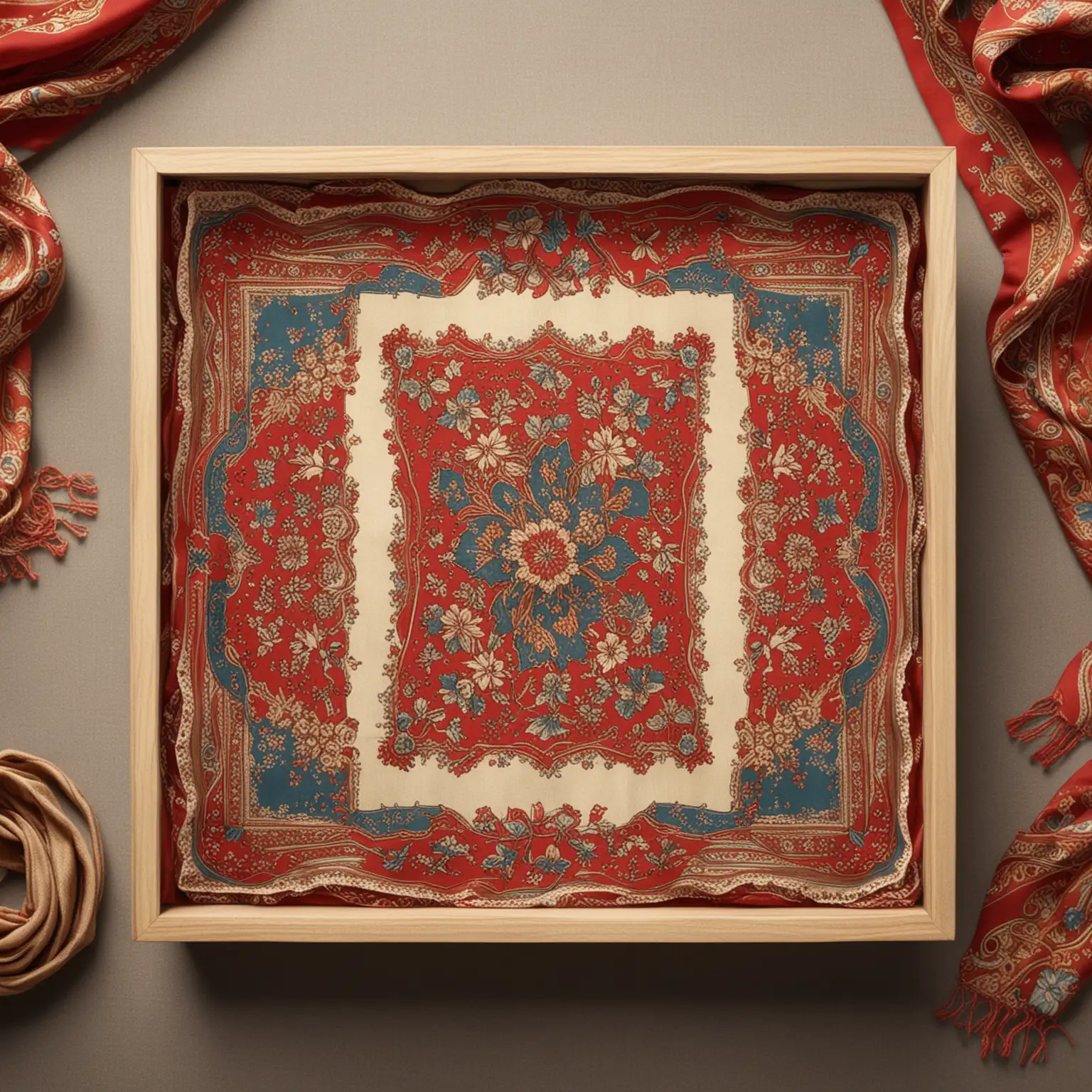 create images of vintage scarves in a box