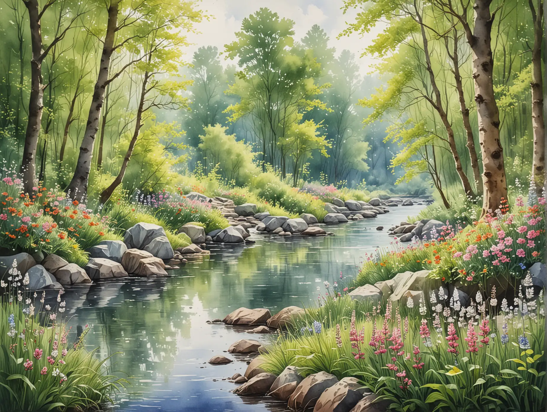 Spring-Flower-Forest-with-River-in-Watercolor-Style