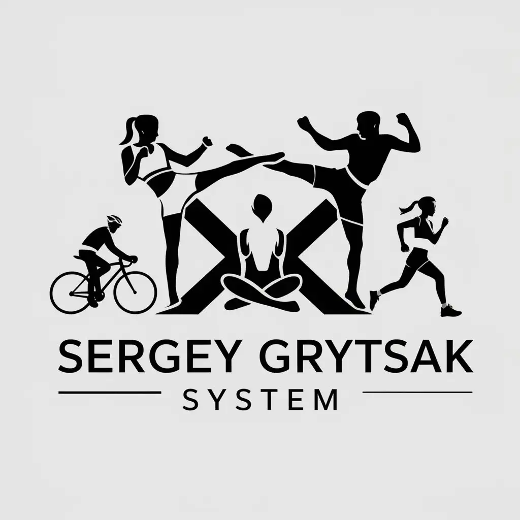 a vector logo design,with the text "Sergey Grytsak System", main symbol:A girl kicking, a sportsman kicking, a person sitting in a cross split between them, a cyclist, a running girl,Moderate,be used in Sports Fitness industry,clear background