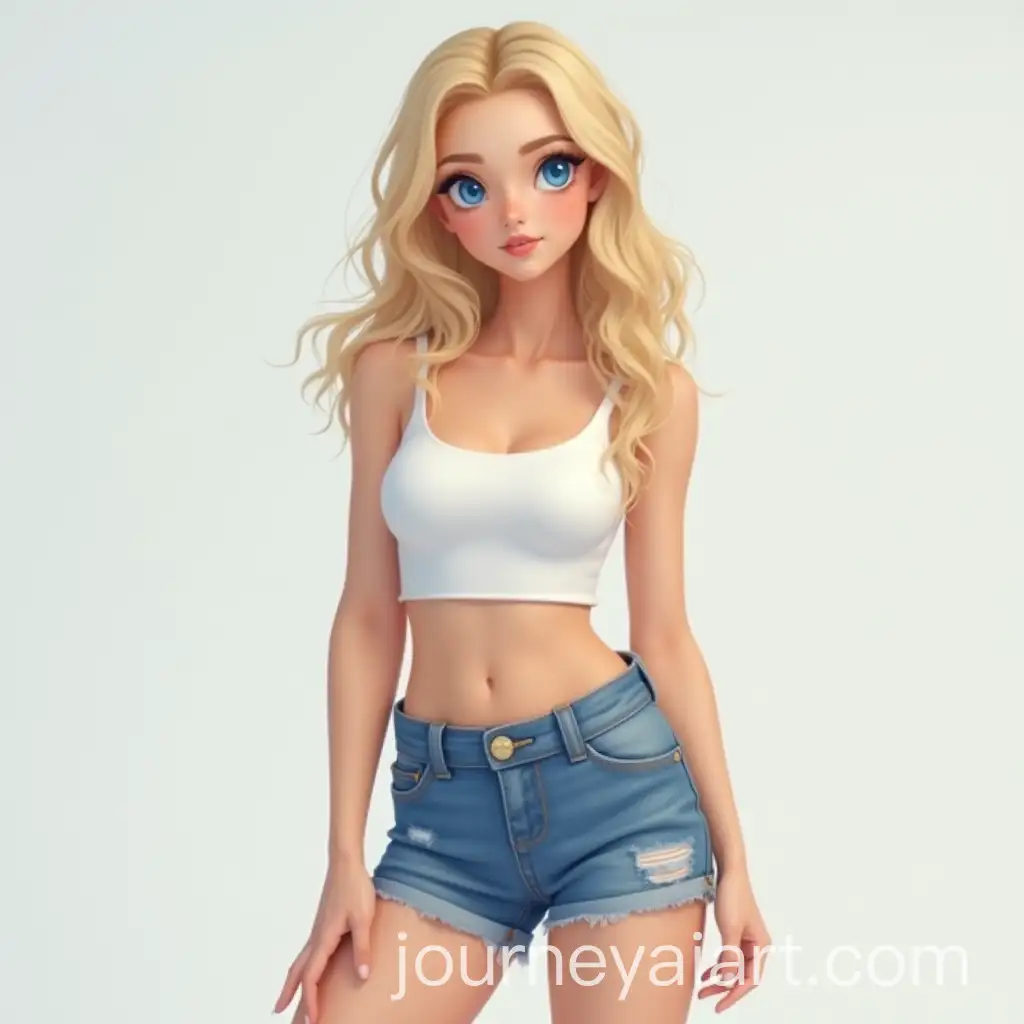 AI-Image-Prompt-ExpansionBlonde-Woman-with-Minimalistic-Expression-in-White-Top-and-Denim-Shorts