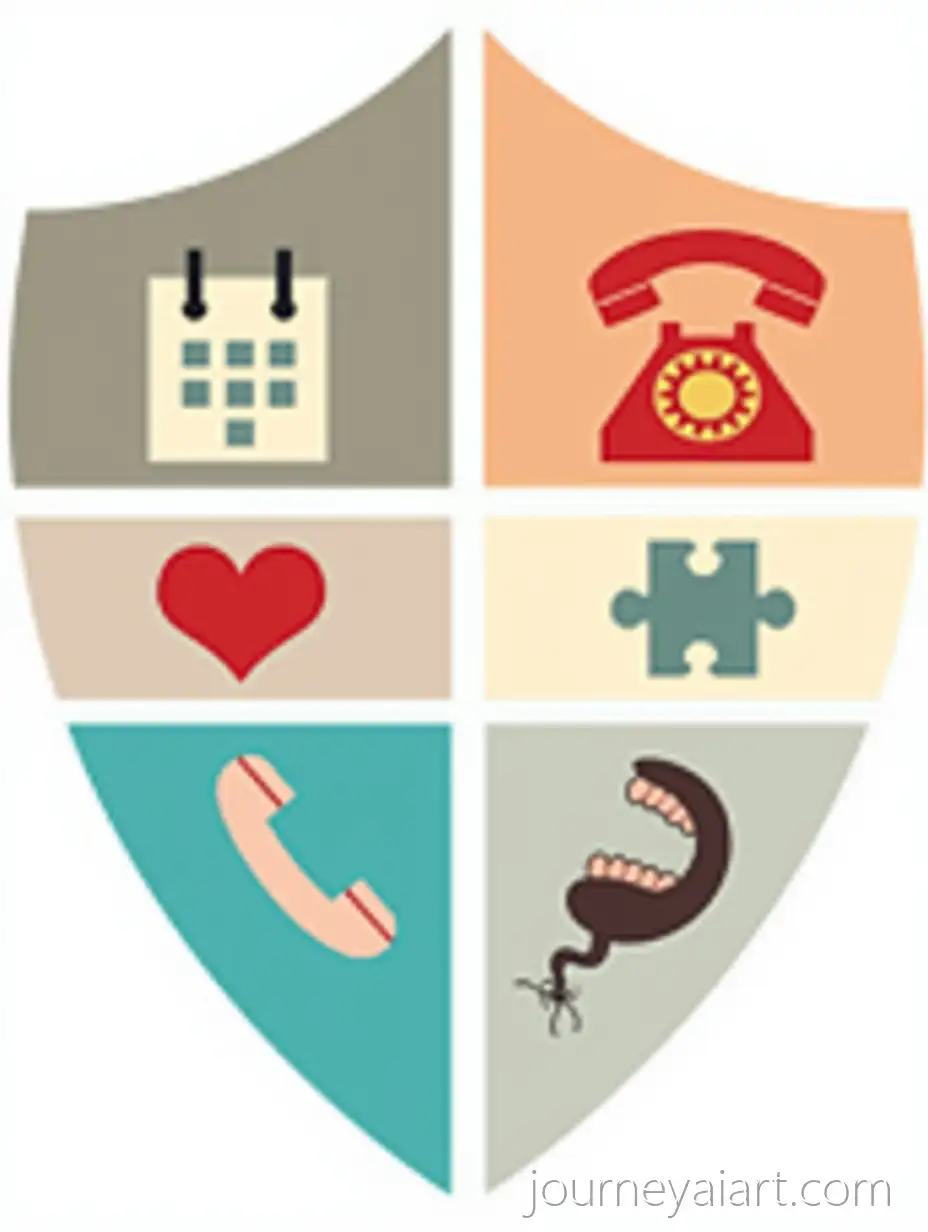 Stylized-SixSegment-Shield-Featuring-Pencil-Calendar-Telephone-Heart-Mouth-and-Puzzle-Symbols