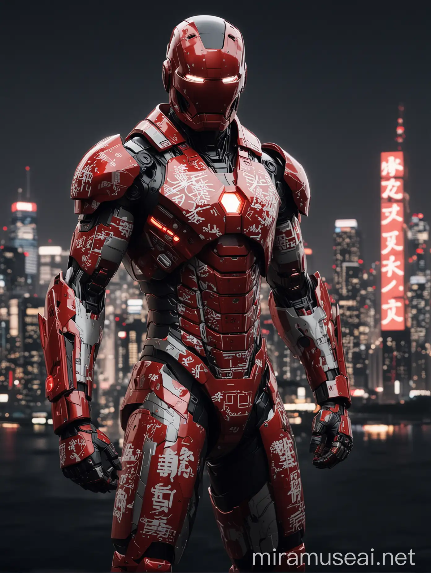 Futuristic SamuraiInspired Ironman Suit in Tokyo Night Skyline