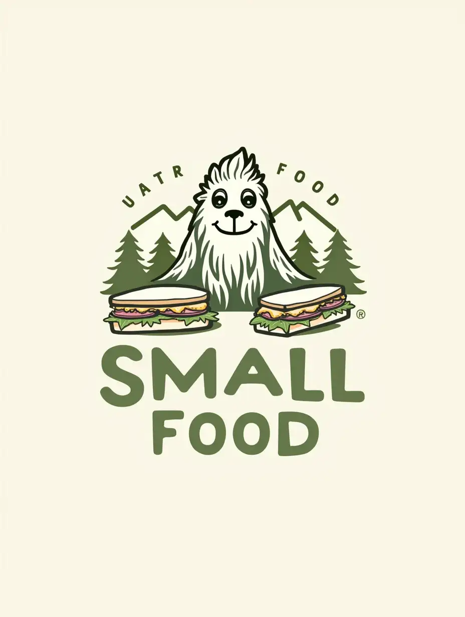 Design a professional and visually appealing logo for the brand 'Small Food,' incorporating a unique blend of nature and food elements. The concept should feature a stylized Bigfoot character, depicted in a modern and minimalist line-art style, holding a sandwich to emphasize the brand's focus on food. The background should include subtle natural elements such as trees and mountains to reflect the brand's connection to the outdoors and its California location. The design should utilize a clean, cohesive color scheme that aligns with the brand's identity, ensuring versatility across various marketing materials and digital platforms.