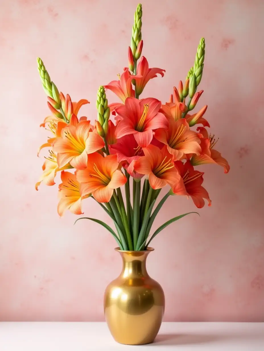 realistic photo. A very large bouquet of beautiful large multicolored gladioli stands in a beautiful golden vase. aesthetically pleasing. beautifully. small details. The back is a pale pink blurred grunge background