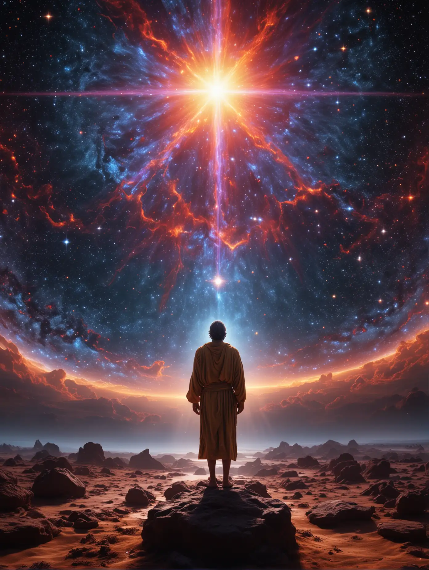 A tranquil environment where a divine figure stands representing the presence of God. The vivid colors surrounding the divine figure create a rich, contemplative atmosphere. The divine figure is bathed in a soft, otherworldly light, enhancing the calm and stillness of the scene. The super wide lens captures the expansive cosmos and the depth of the divine presence in 8k resolution.