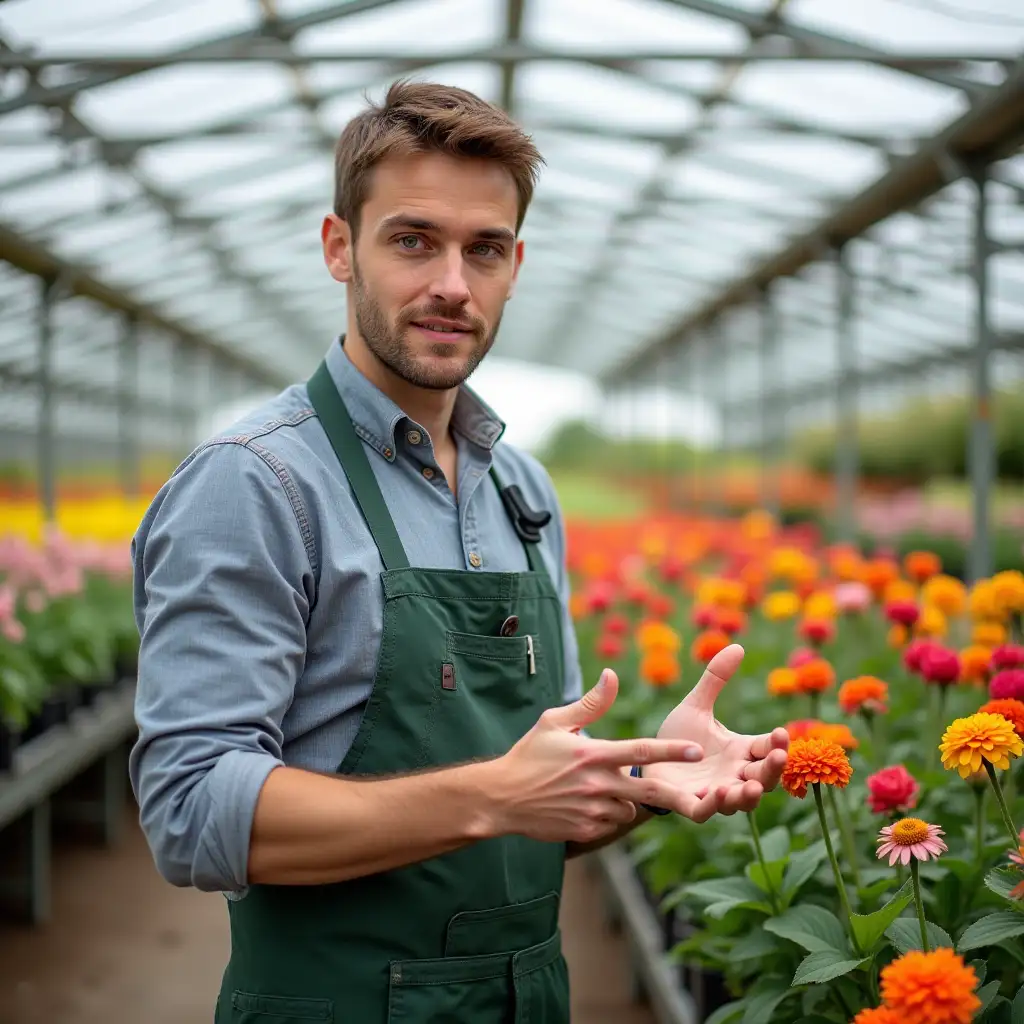 handsome agriculture engineer, blue eyes, brown hair, explaining ornamental flowers, in a production greenhouse full of colorful plants. add in the corner the writing Akademia e Bimeve Dekorative