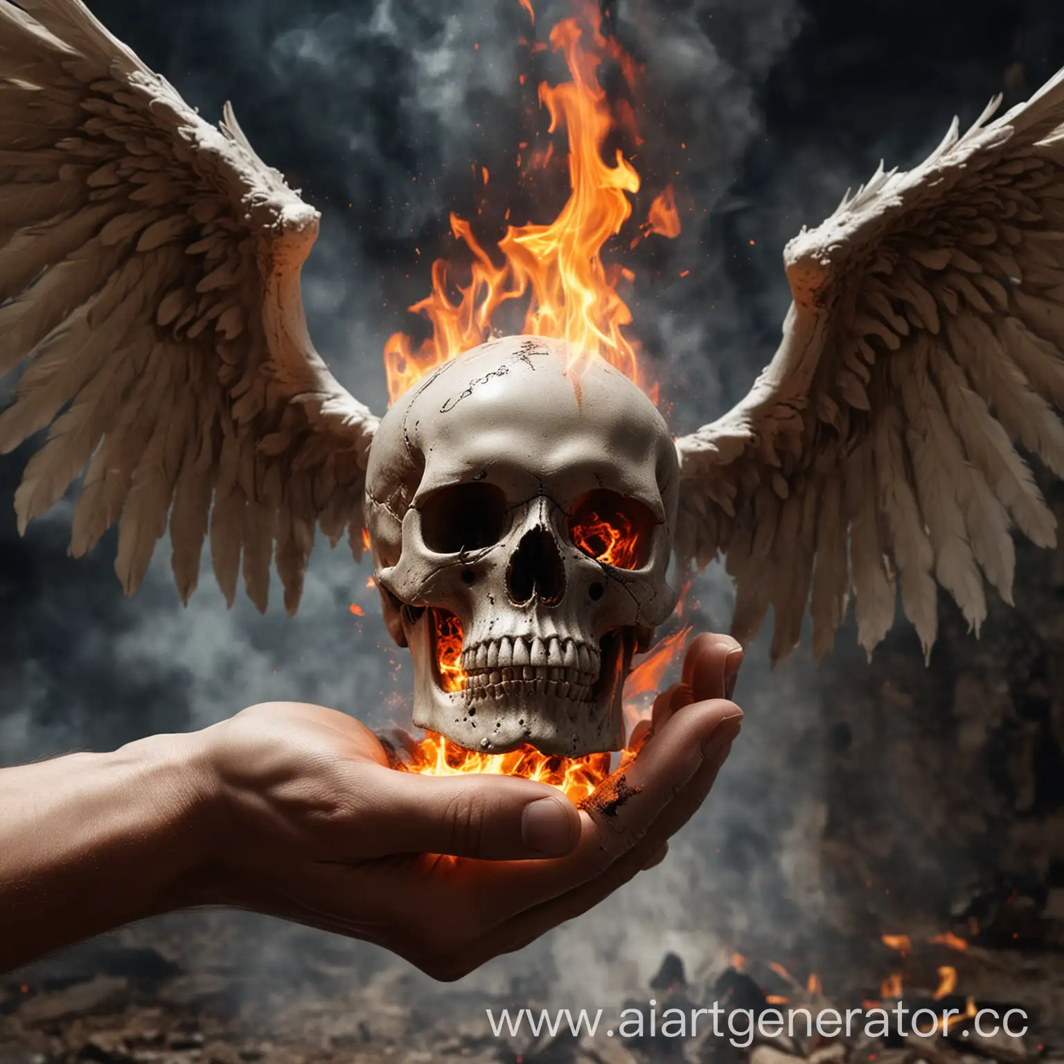 Skull coming out of fire in the hand of angel