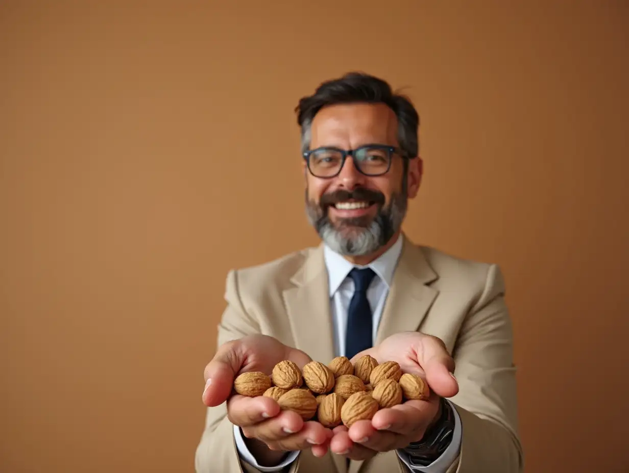 realistic photo. A European businessman is looking at the camera and smiling, holding a scattering of walnuts in his hands, pastel colours on a background closer to brown.