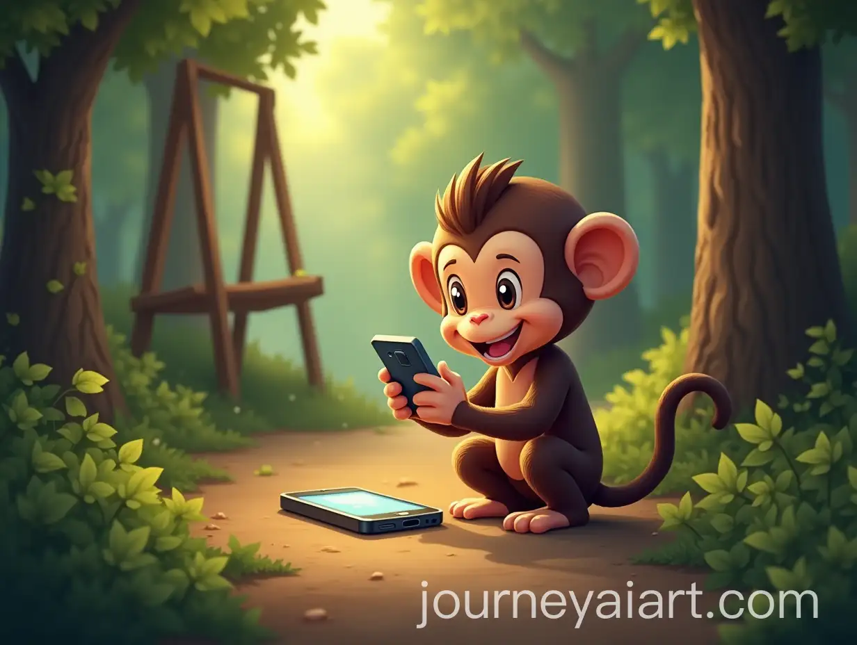 Excited-Monkey-Discovering-Smartphone-on-Forest-Path-with-Wooden-Swing