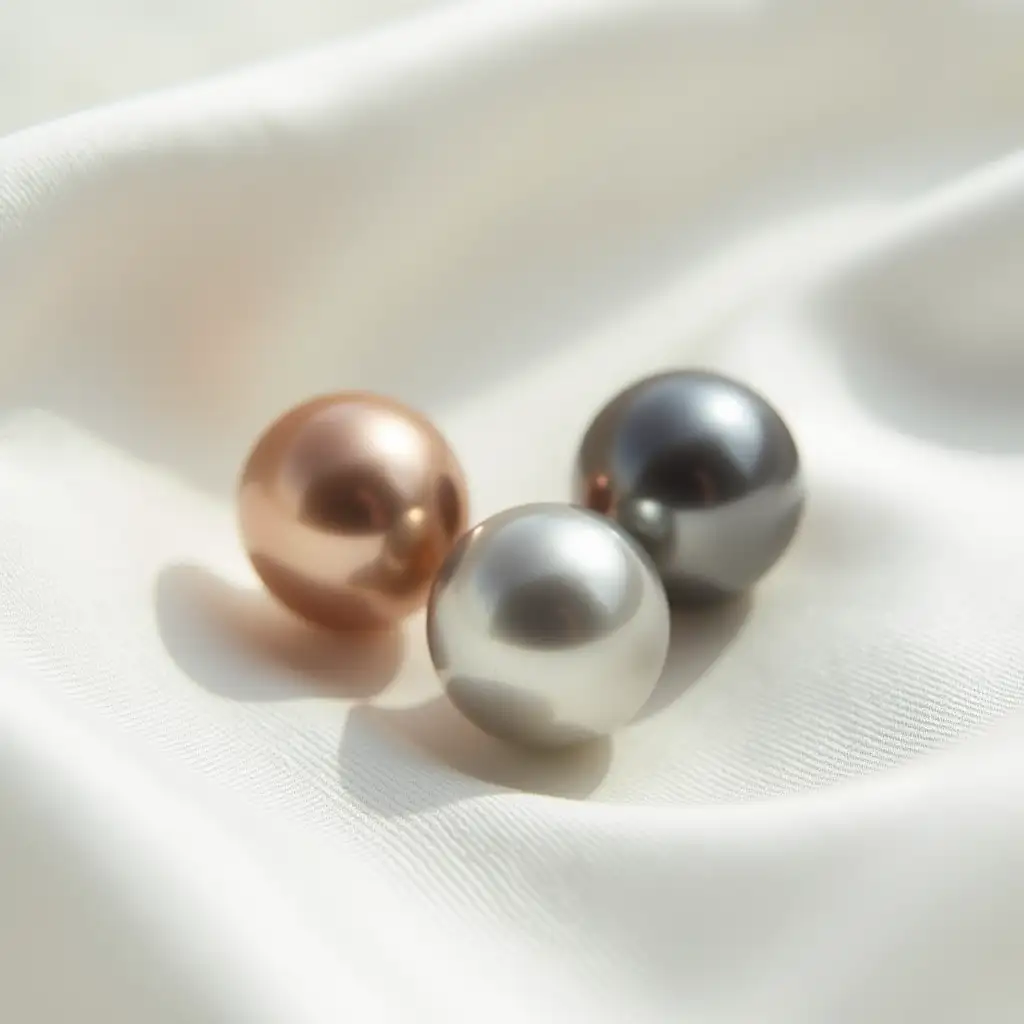 An image with only three pearls in three different colors placed on a white satin fabric. The colors of the pearls are pearl dark bronze-ish gold, pearl light grey, and pearl dark grey. Show sunshine shining on the pearls.