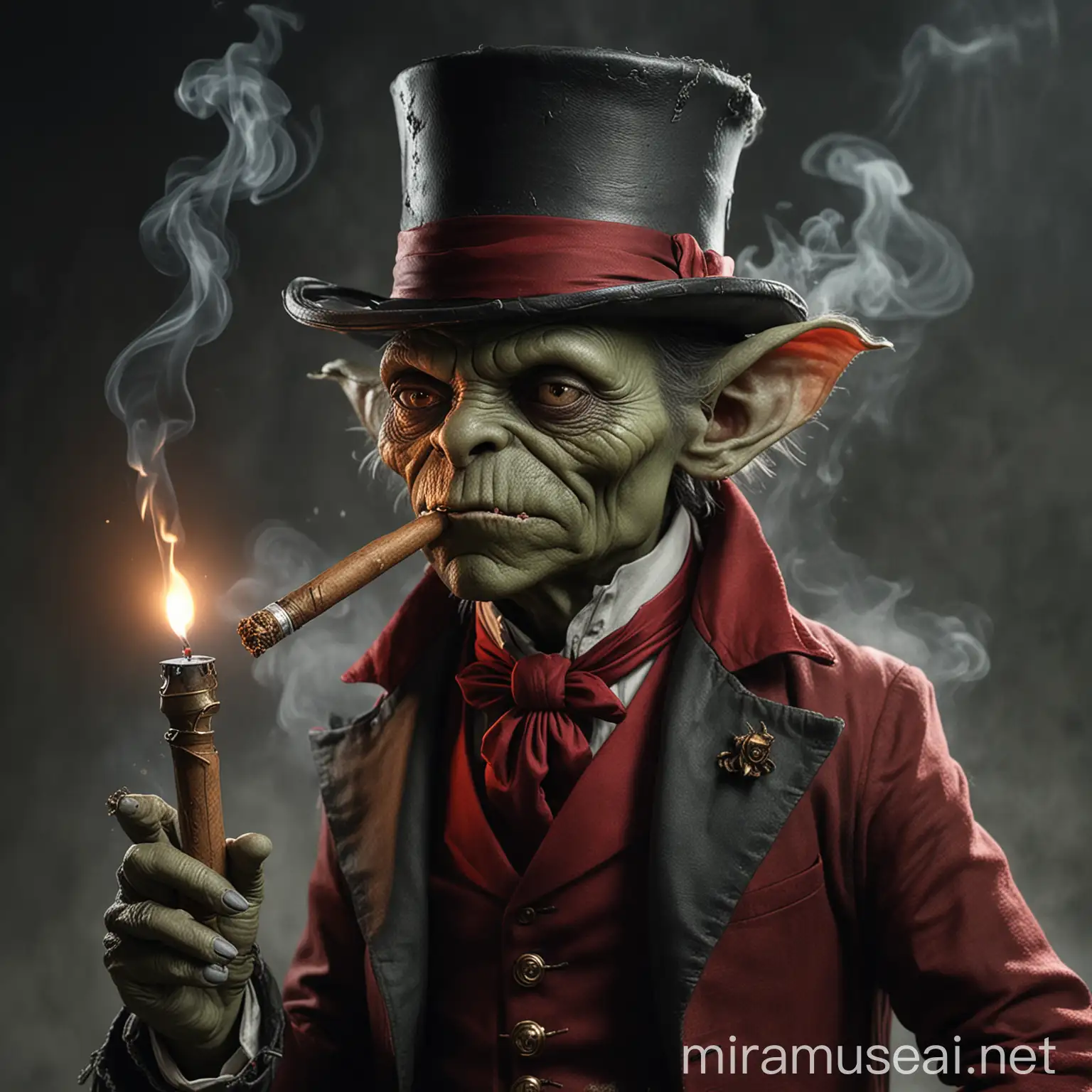 Fantasy Goblin with Grey Skin and Red Top Hat Holding Torch and Smoking Cigar