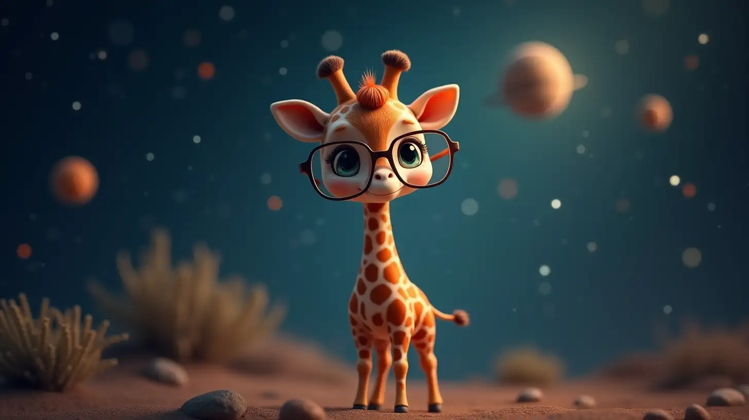 Cute Baby Giraffe Wearing Glasses in a Cosmic Space Scene