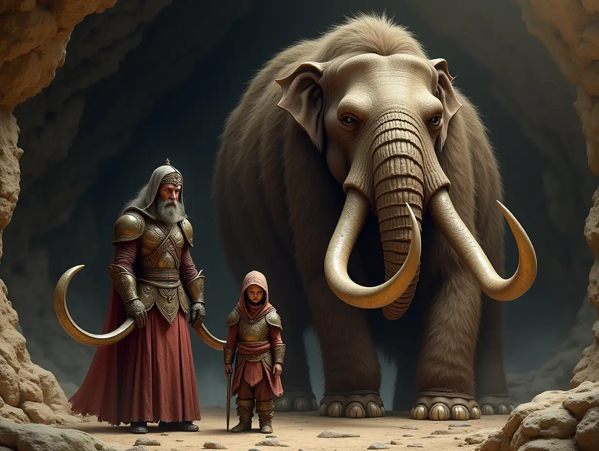 Cave-Fantasy Family, Mamm Mammoth Woman, and Children, Man giant mammoth face with beard and with stainless steel armor equipment