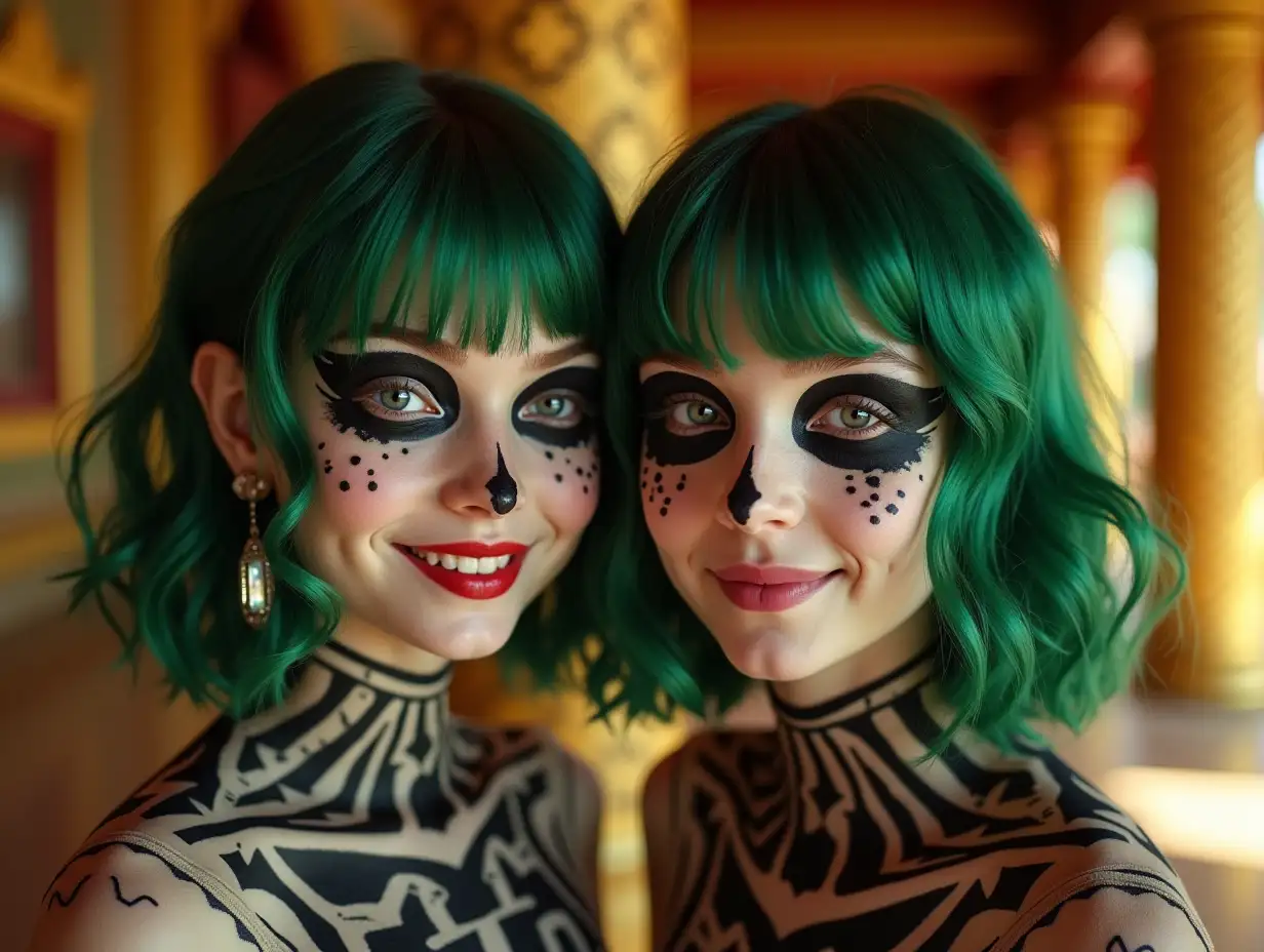 Two young girls with black and white pattern, alien face, with green hair, with a slight smile on their faces, accentuating their smiles, modern retro jewelry, in a temple with much gold of various shades 4k