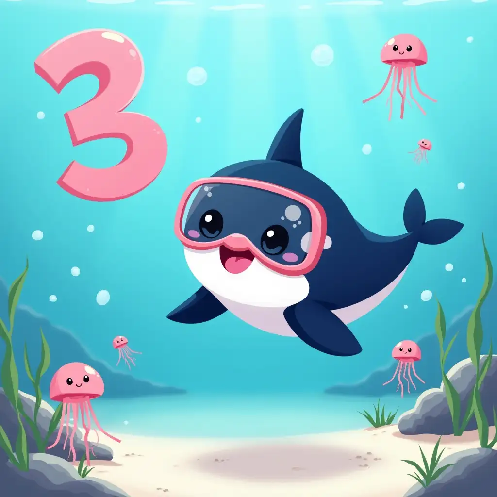 happy baby orca swimming above white sand sea floor, looking straight ahead wearing a diver's mask, quantity of  three  3 pink smiling jelly fish, sea grass, ocean blue background with bubbles, drae large number 3 symbol in pink in top[ left hand corner