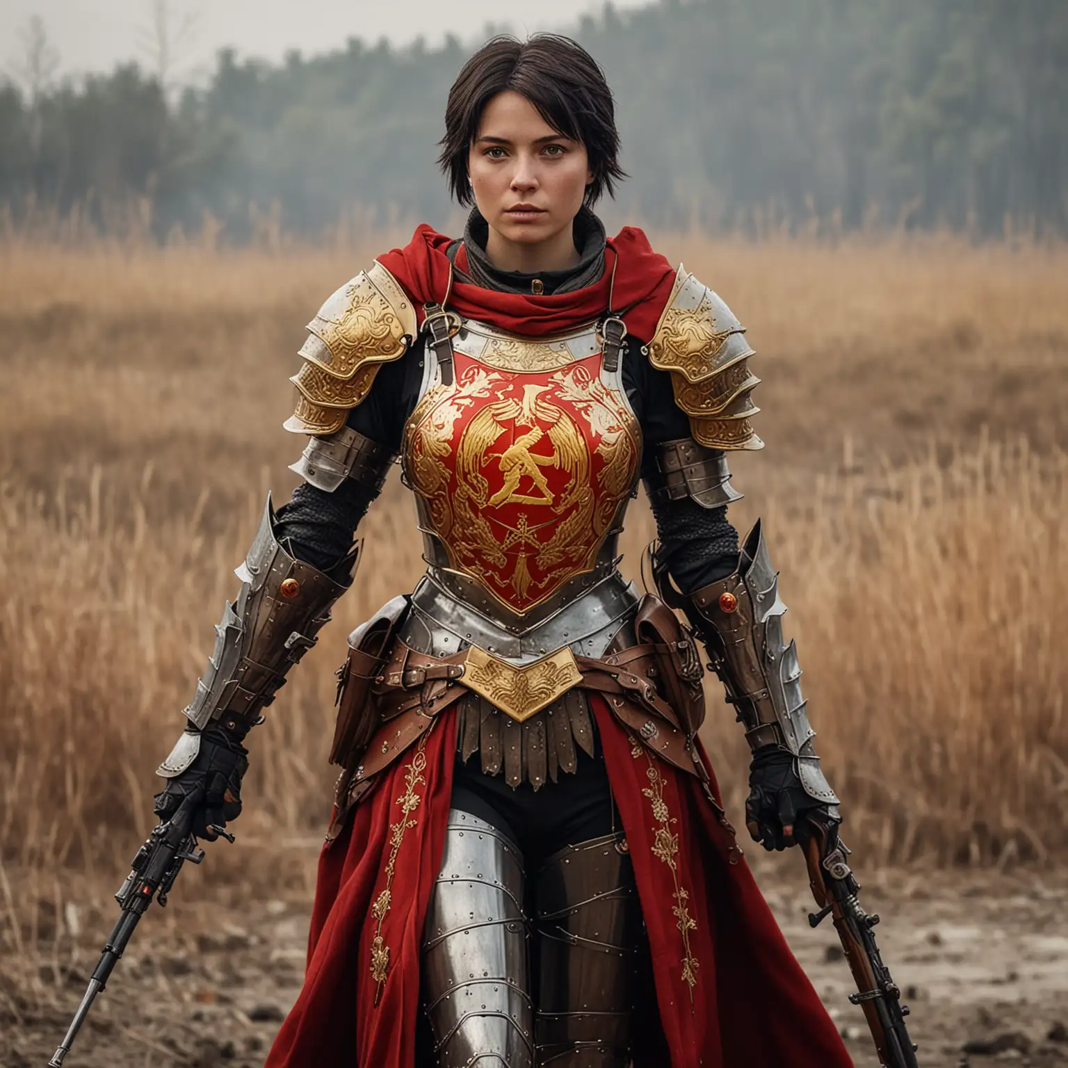 Warrior-Woman-in-Red-and-Gold-Medieval-Plate-Armor-with-Fantasy-Rifle